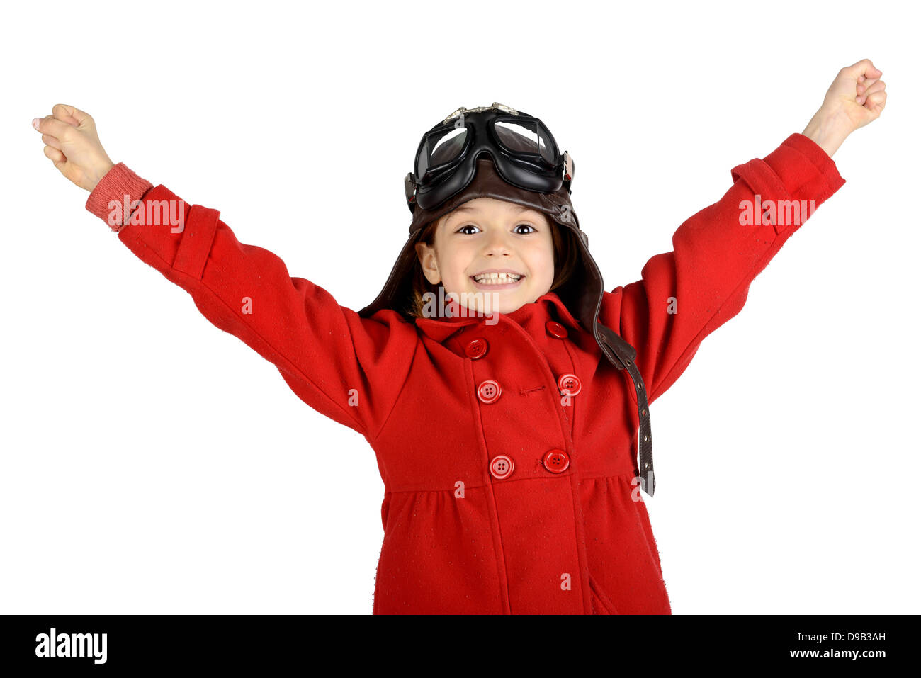Junges Mädchen mit Piloten Brille und Hut isoliert in weiß Stockfoto