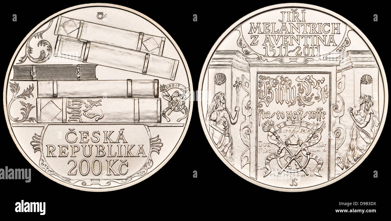 200Kc Silber-Gedenkmünze aus der Tschechischen Republik. 500. Jahrestag der Geburt von Jiří Melantrich des Aventinum Stockfoto