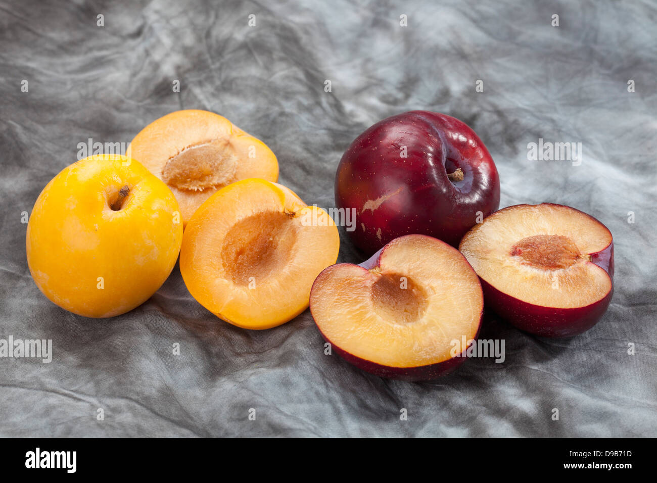 Rote und gelbe Pflaumen auf grauem Hintergrund, Nahaufnahme Stockfoto