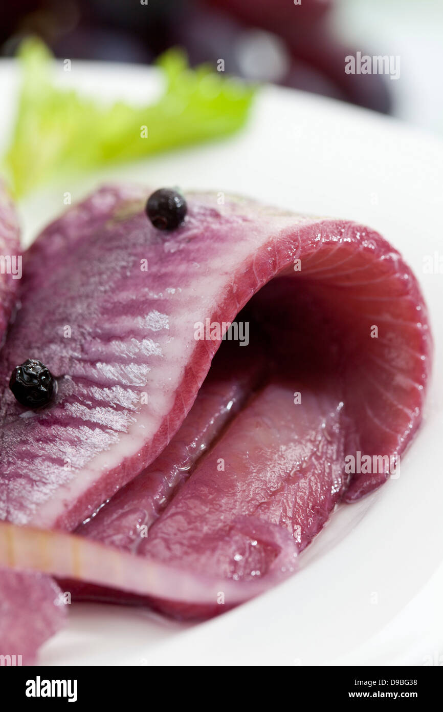 Hering in Sherry-Essig mit Zwiebeln auf Teller, Nahaufnahme Stockfoto