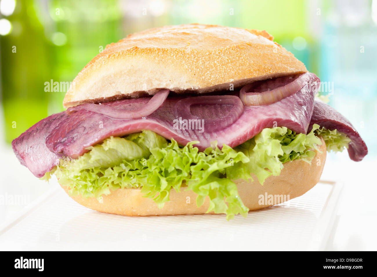 Brot Brötchen mit Sherry Hering und Zwiebeln, Nahaufnahme Stockfoto