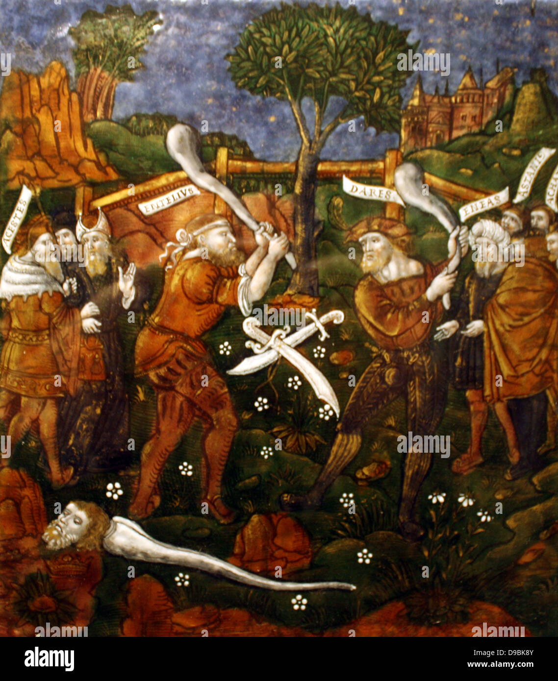 Plakette: Turnus durch die Trojaner, überquert den Fluss zu seinen Begleitern zurückzukehren überwältigt. Aeneis, Buch IX, Limoges, ca. 1533-35. Stockfoto
