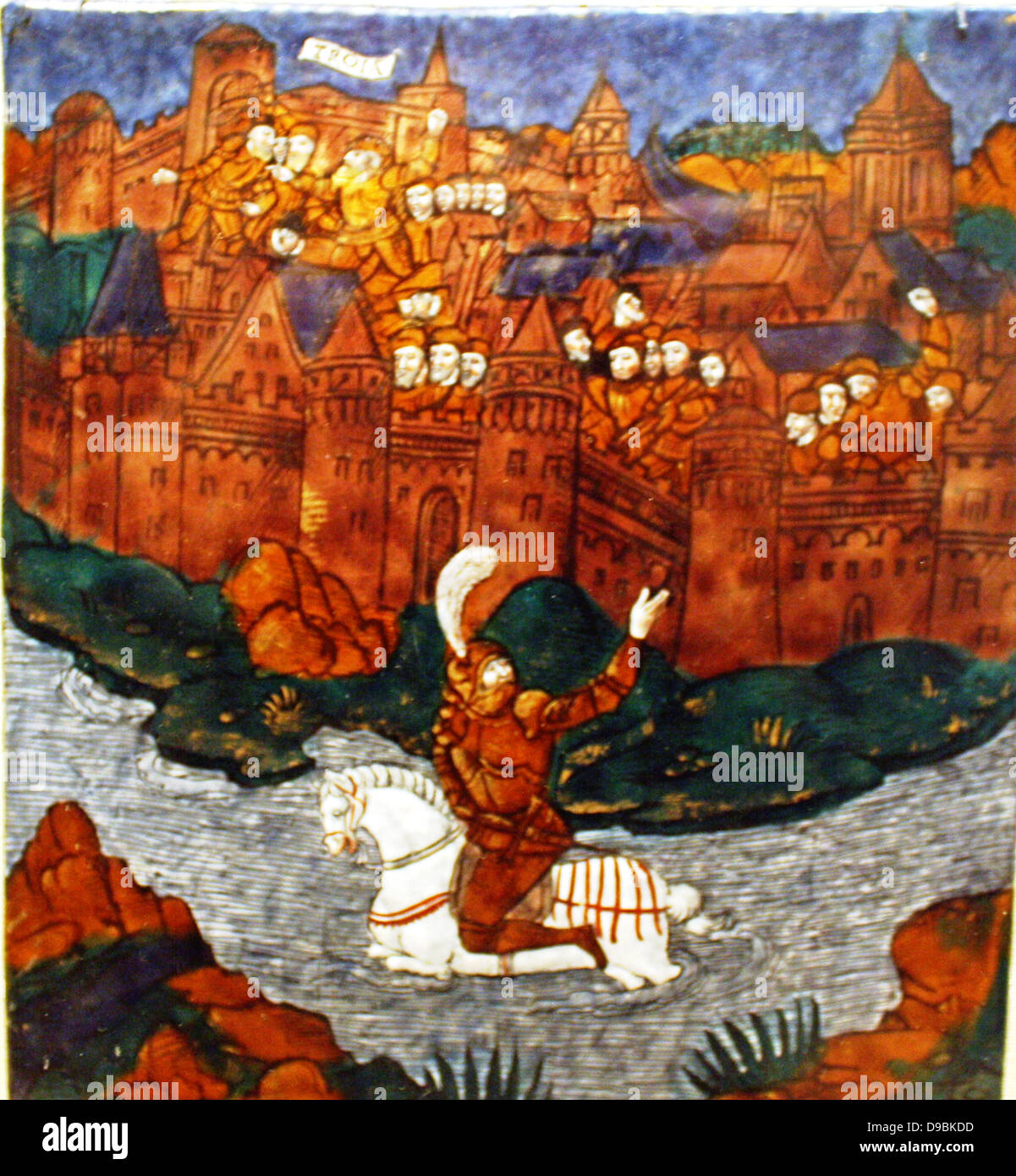 Plakette: Turnus durch die Trojaner, überquert den Fluss zu seinen Begleitern zurückzukehren überwältigt. Aeneis, Buch IX, Limoges, ca. 1533-35. Stockfoto