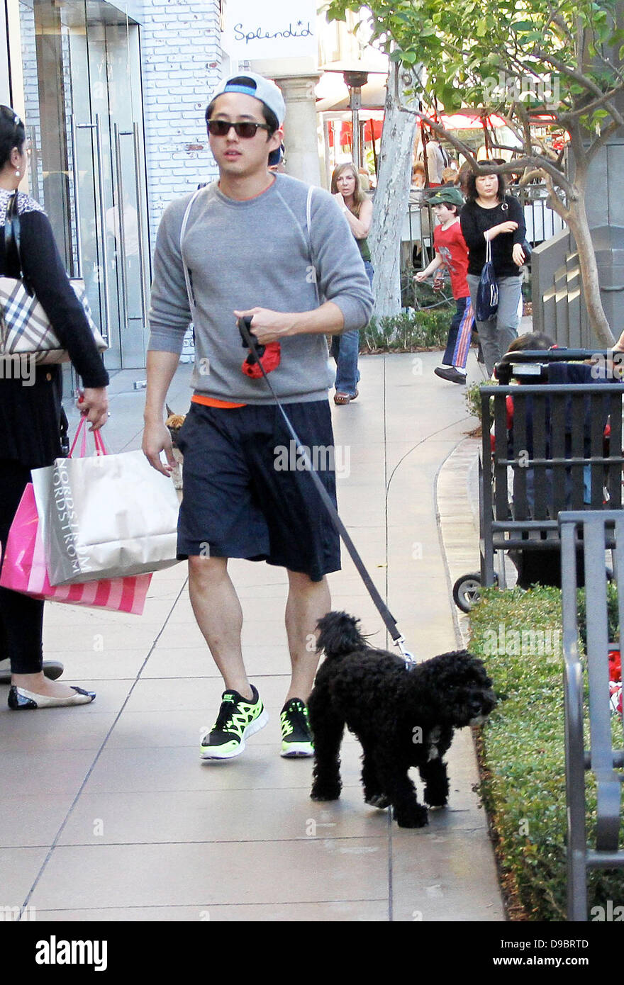 Steven Yeun geht seinen Hund durch The Grove in West Hollywood in West Hollywood Kalifornien - 26.01.12 Stockfoto