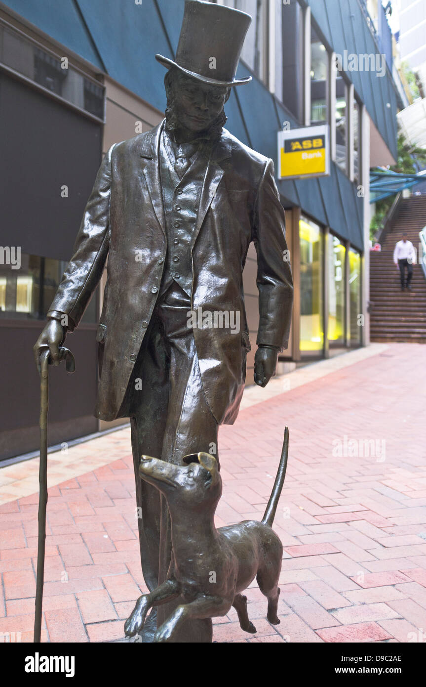 dh Plimmer Schritte WELLINGTON NEW ZEALAND Skulptur von John Plimmer und Hund Fritz aus Lambton Quay Stockfoto