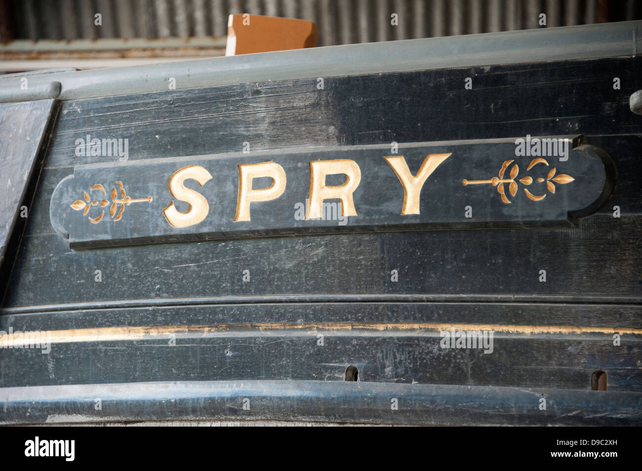 SPRY Narrowboat Namen unterzeichnen Malerei Stockfoto