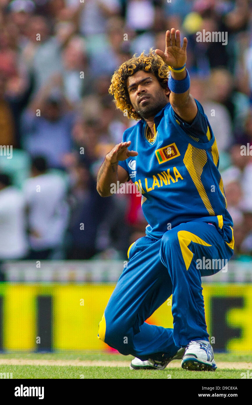 London, UK. 17. Juni 2013. Sri Lanka Lasith Malinga feiert unter das Wicket George Bailey während der ICC Champions Trophy international Cricket-Match zwischen Sri Lanka und Australien bei The Oval Cricket Ground auf 17. Juni 2013 in London, England. (Foto von Mitchell Gunn/ESPA/Alamy Live-Nachrichten) Stockfoto