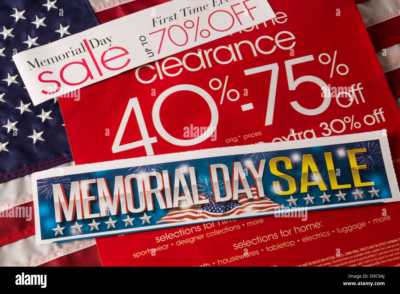 Memorial Day Verkauf Werbung, USA Stockfoto