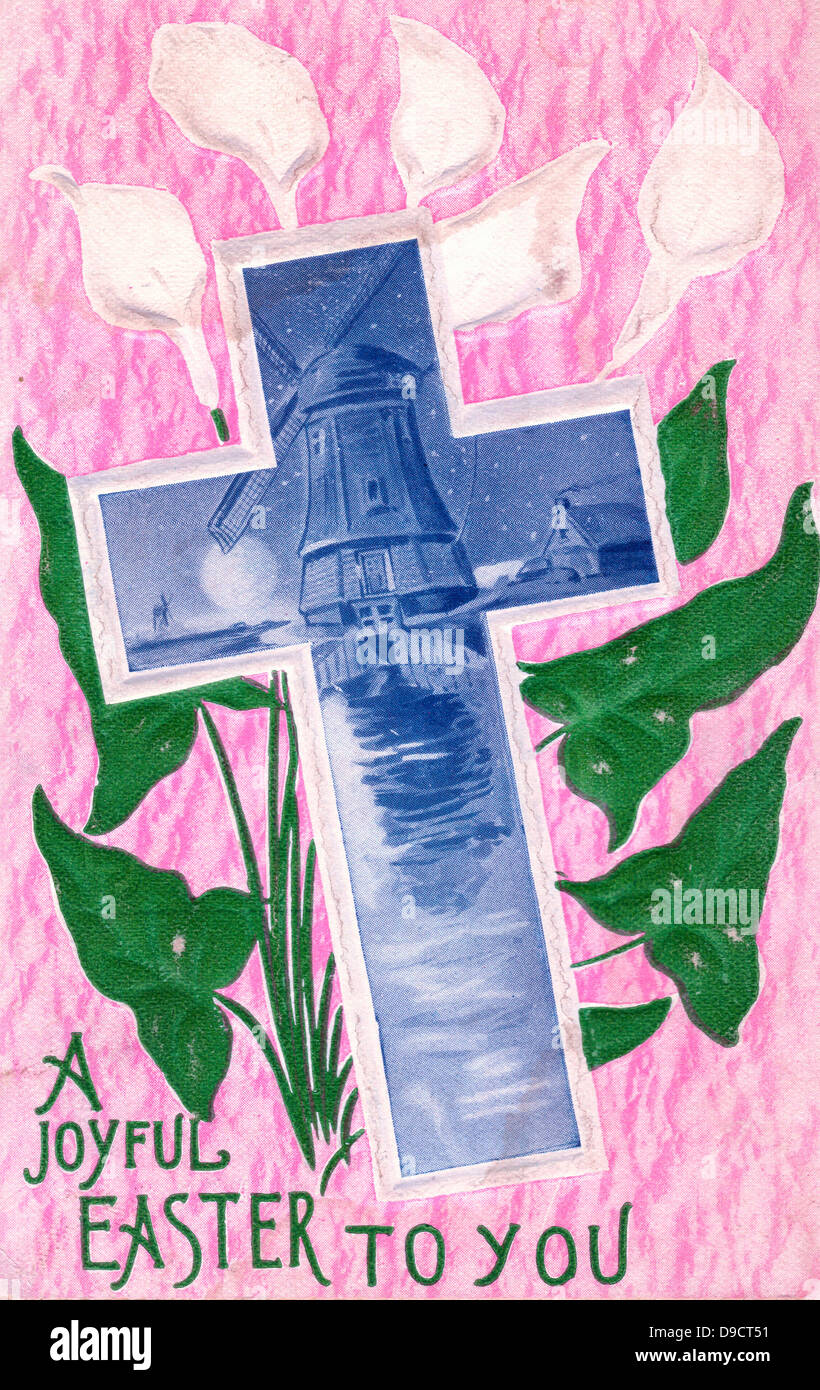 Eine frohe Ostern euch - Vintage-Karte mit Kreuz und Windmühle Stockfoto