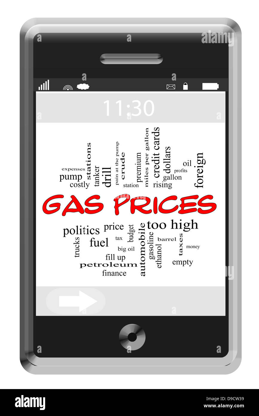 Gas Preise Word Cloud-Konzept von Touchscreen-Handy mit großen Begriffe wie Bahnhof, Preise, Kraftstoff, Petro, Steuern, Tank und mehr. Stockfoto