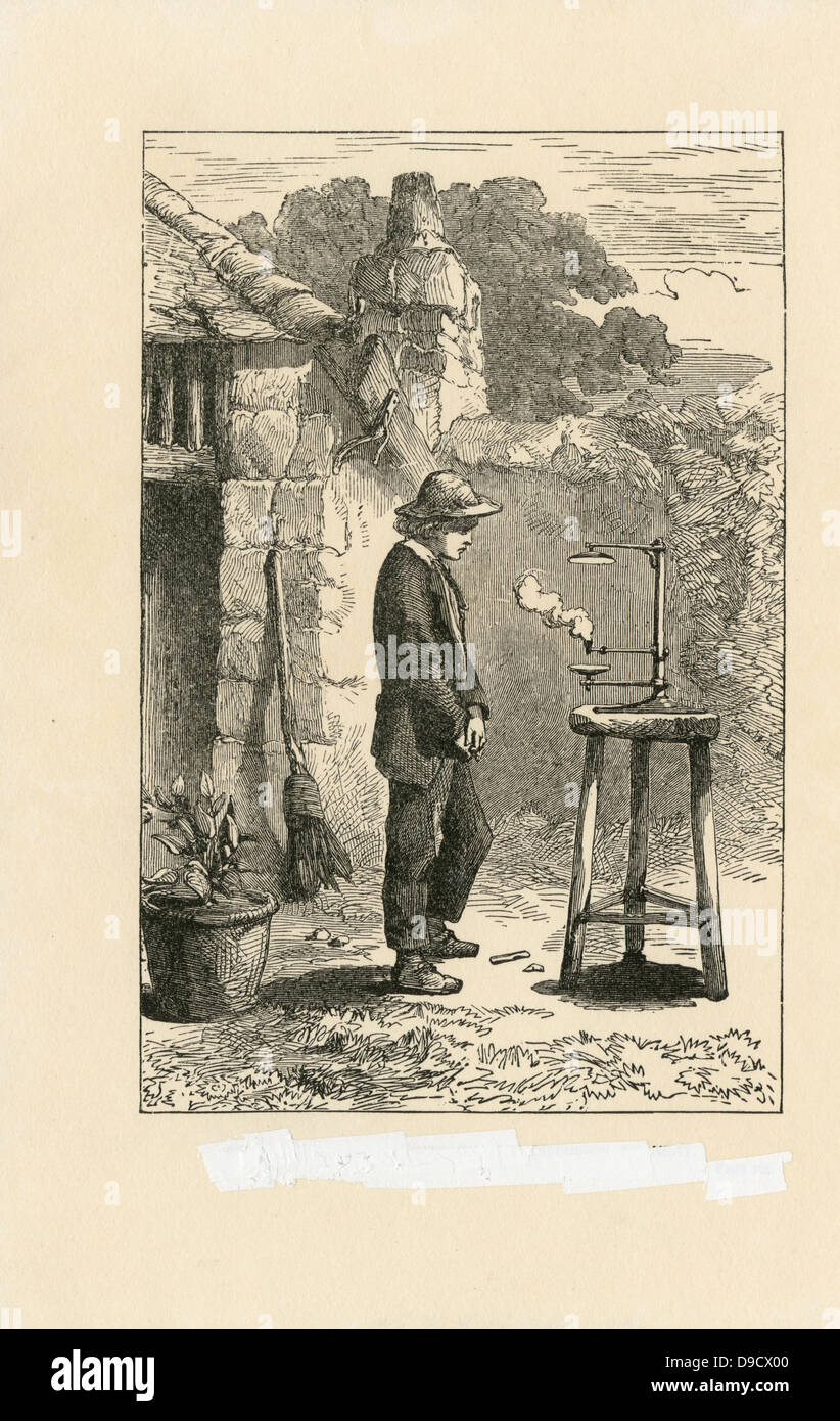 Humphry Davy (1778-1829), britischer Chemiker, gezeigt, wie ein Junge in Cornwall Experimentieren auf die Diffusion von Hitze. Gravur, 1878. Im Volksmund remebered für seine Erfindung der Bergleute Safety Lamp. Stockfoto