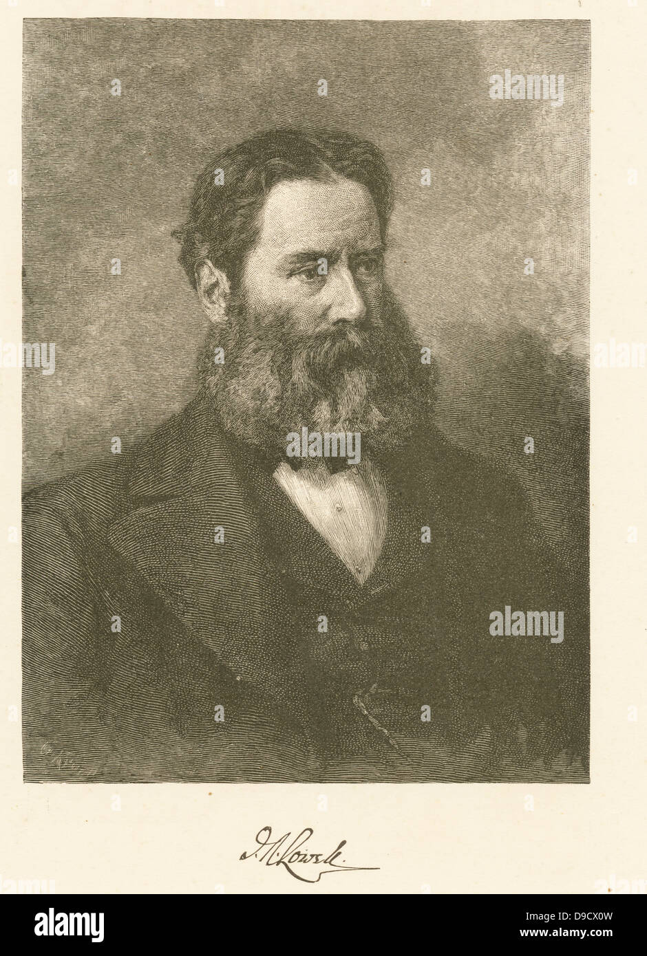 James Russell Lowell (1819-1891), amerikanischer Dichter der Romantik, Kritiker und Herausgeber. Eine der beliebtesten Fireside Poets, Longfellow und Whittier enthalten. Gravur. Stockfoto
