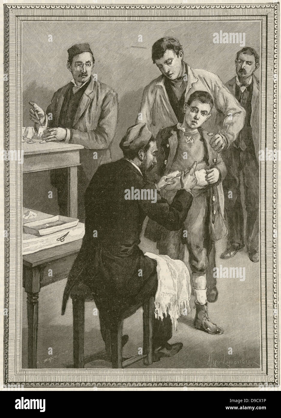 Ein Junge gegen tollwut impfen (Hydrophobie), Instut Pasteu. Paris. Die Impfung wird von pasteurs Schüler Emile Roux (1853-1933), Entdecker des Anti-Diptheria Serum durchgeführt. Gravur, Paris, 1893. Stockfoto
