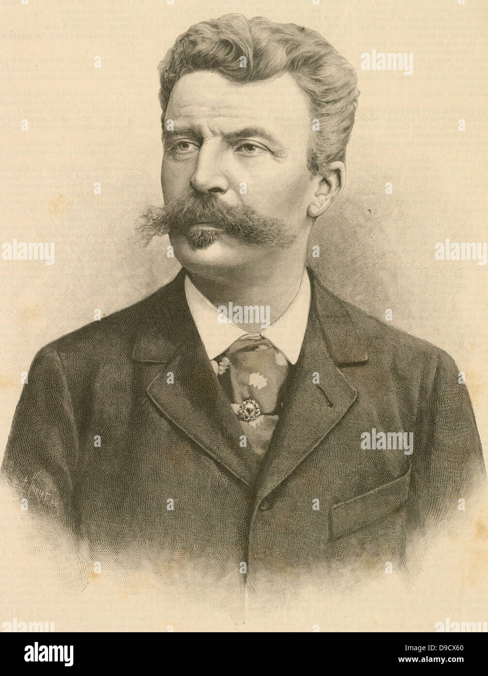 (Henri Rene Albert) Guy de Maupassant (1850-1893) französischer Schriftsteller und Schriftsteller und einer der größten Exponenten der Kurzgeschichte. Gravur zum Zeitpunkt der Maupassants Tod veröffentlicht. Stockfoto
