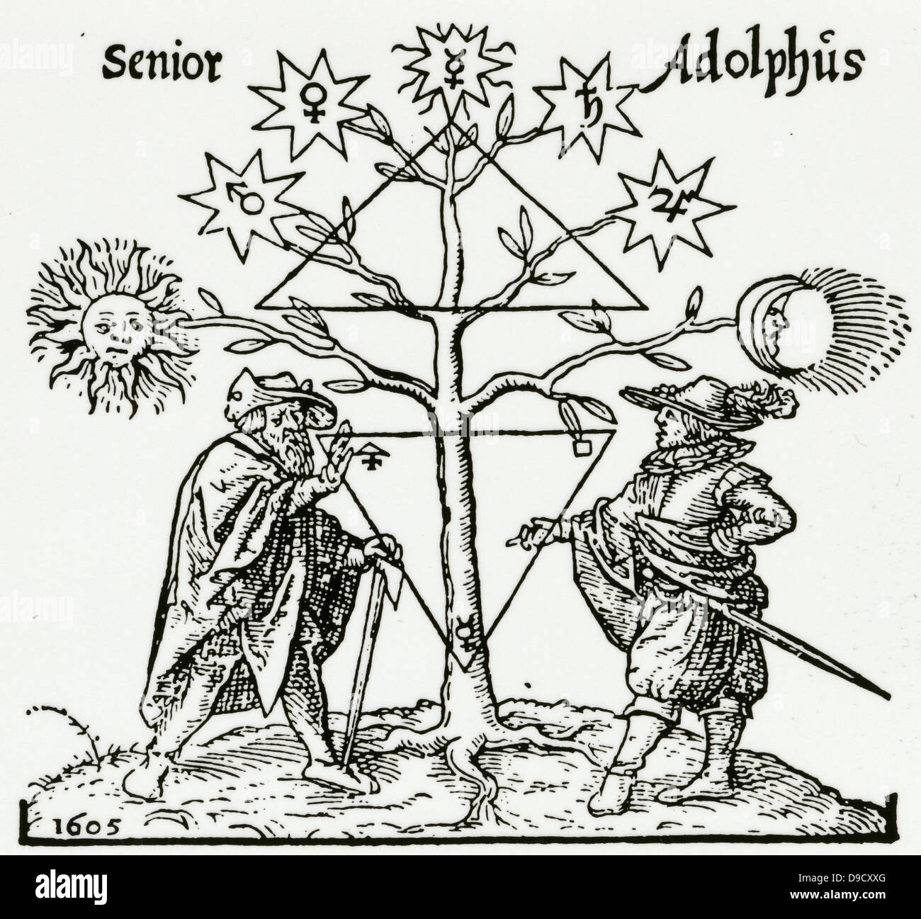 Senior beauftragt Adolphus am Fuße des Baumes von Metallen. An den Ecken des unteren Dreiecks sind Symbole der alchemistischen Tria prima, Schwefel, Quecksilber und Salz. Von Occulus philosophia.. Frankfurt, 1613. Stockfoto