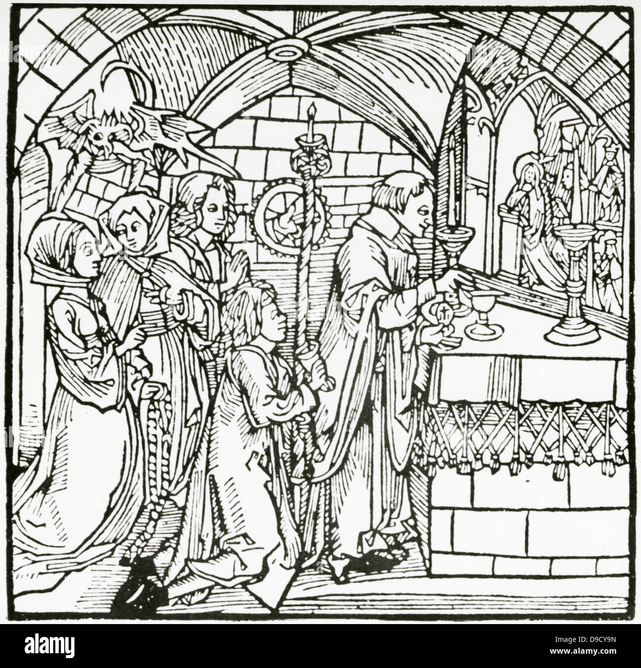 Frauen unter dem Einfluss des Teufels Klappern während der Messe Holzschnitt, Augsburg, 1498. Stockfoto