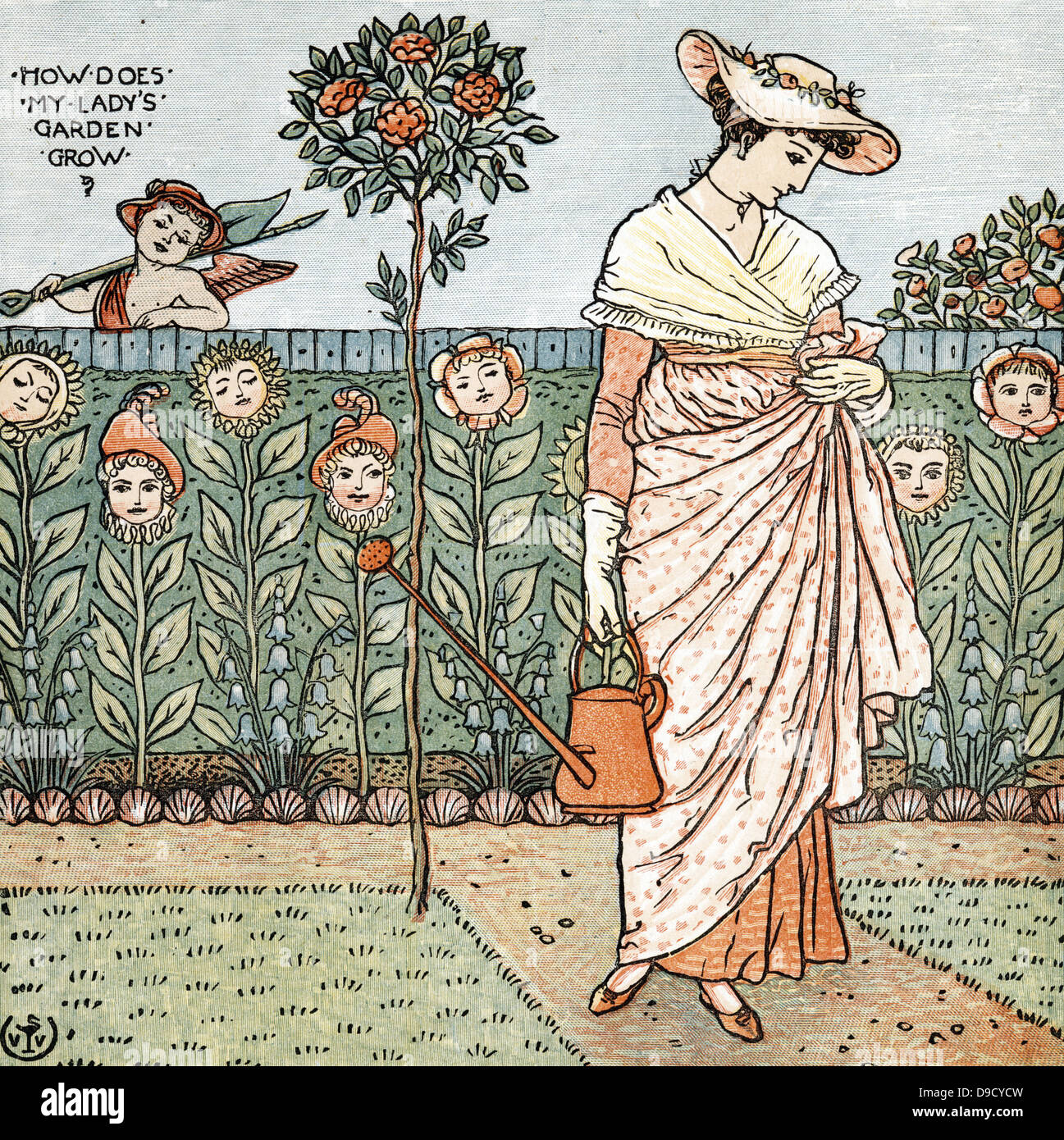 Wie wachsen meine Ladys Garten?.  Illustration von Walter Crane (1845-1915) für das Kinderlied. Farbe gedruckt Holzstich. Stockfoto