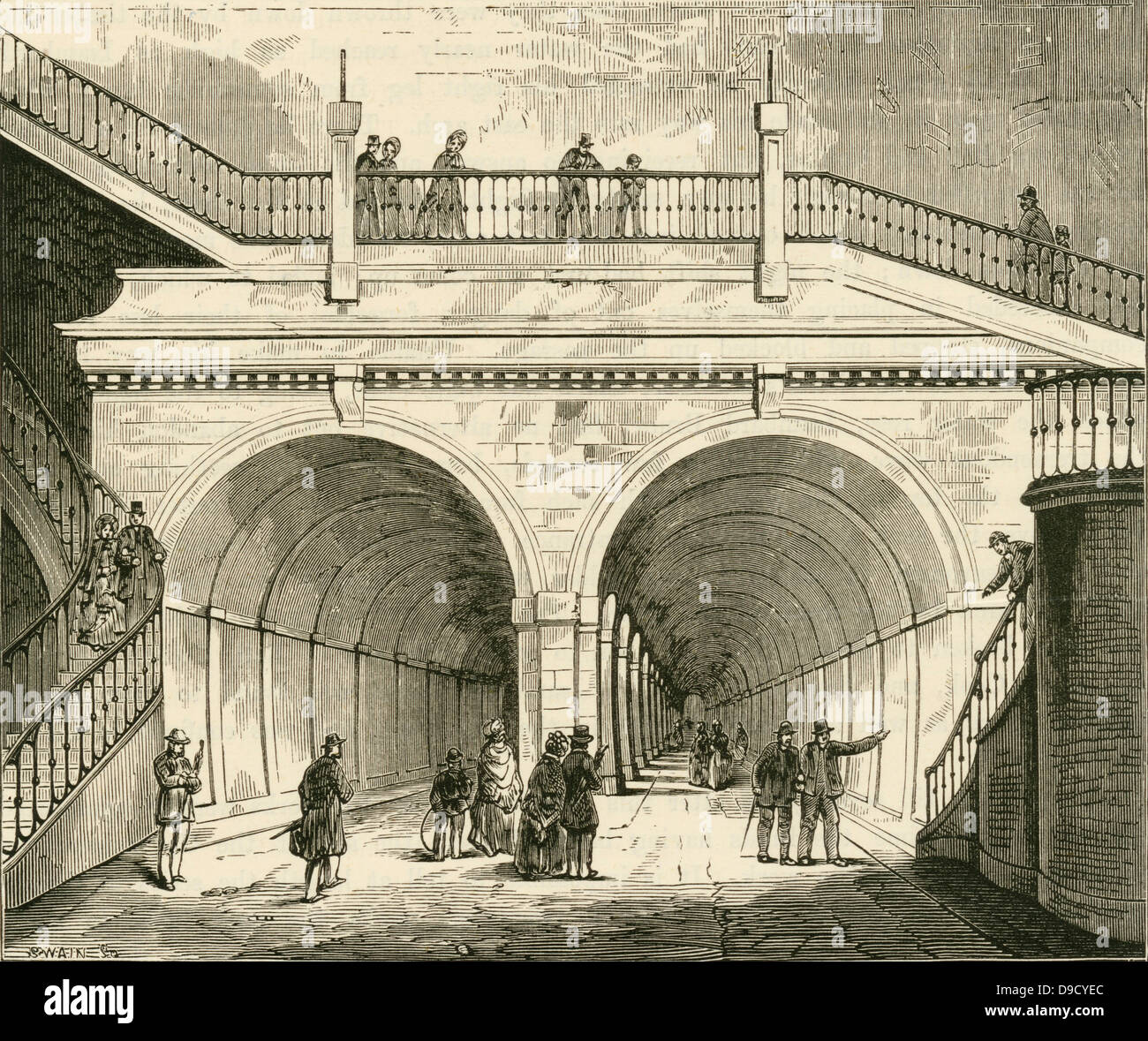 Portal der Thames Tunnel links Richtung Rotherhithe und Wapping. 1825 von Marc Isambard Brunel begonnen, es ist jetzt Teil des Londoner U-Bahnsystems. Gravur c 1880. Stockfoto