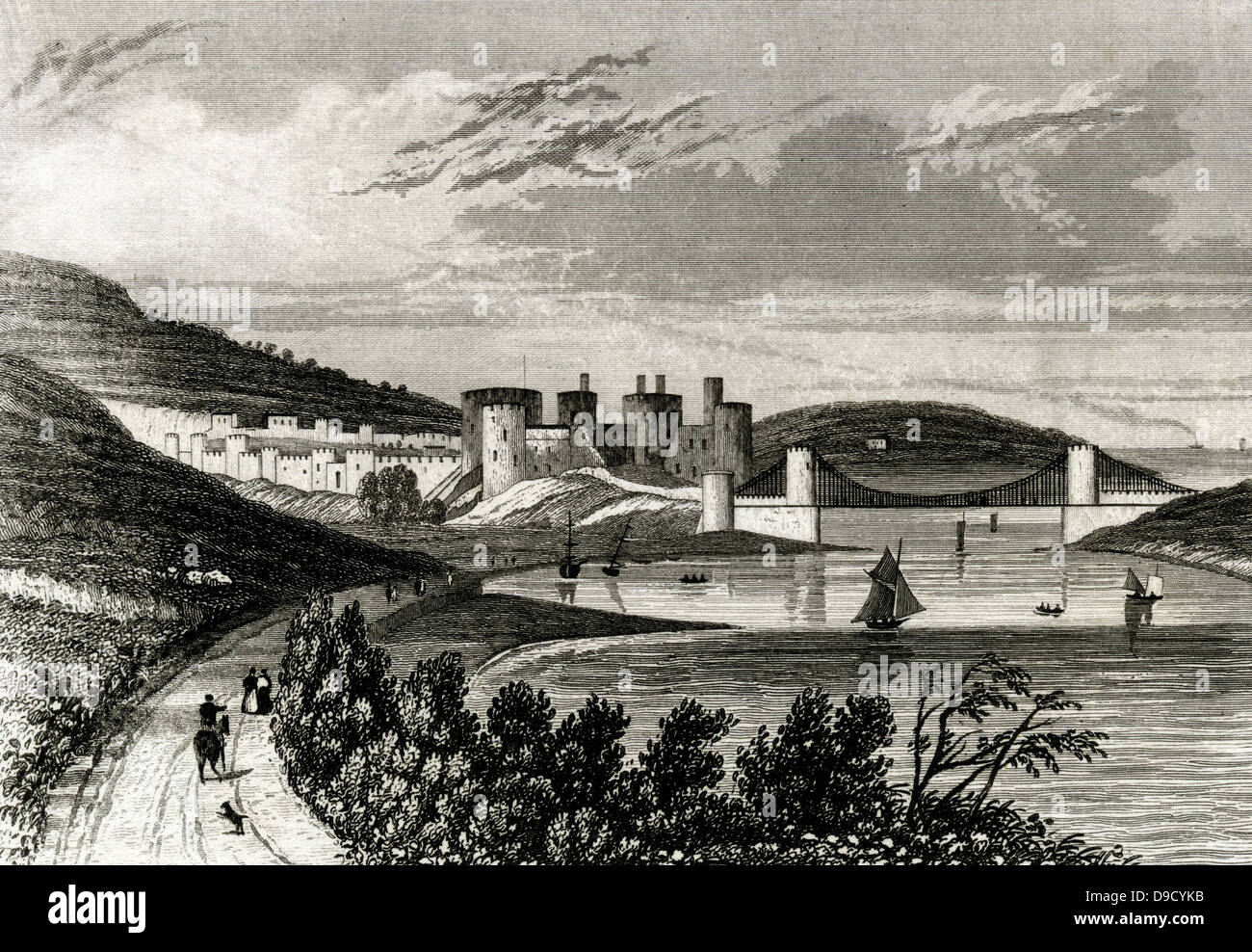 Conway Castle und Telfords Hängebrücke über den Conway, Wales. Erste Stein der Brücke im April 1822 gelegt und die Arbeiten, die im Sommer 1826 beendet. Gravur c 1845. Stockfoto