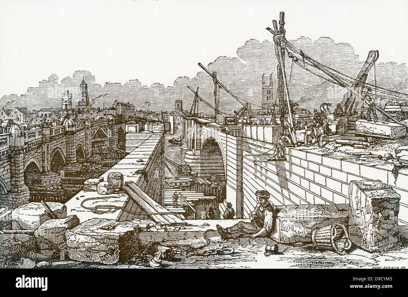 Ansicht der neuen London Bridge, während im Bau, die im Jahr 1824 begonnen und 1831 abgeschlossen. Ingenieur: John Rennie (1761-1794) Schottischer Bauingenieur. Holzschnitt, 1832. Stockfoto