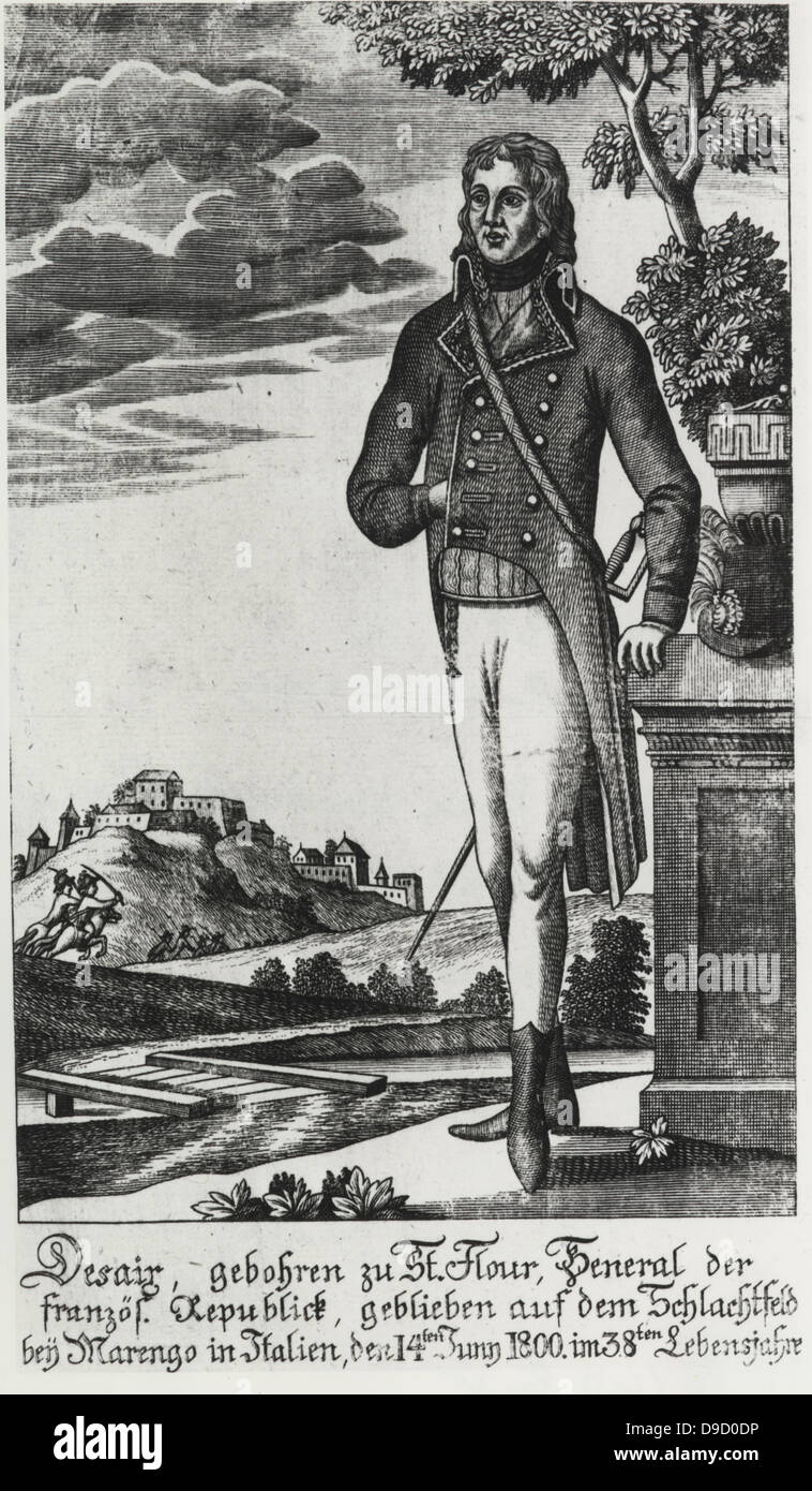 Louis Charles Antoie Desaix (1768-1800) Allgemeine während der französischen Revolutionäre Armee. In der Schlacht bei Marengo getötet. Gravur. Stockfoto