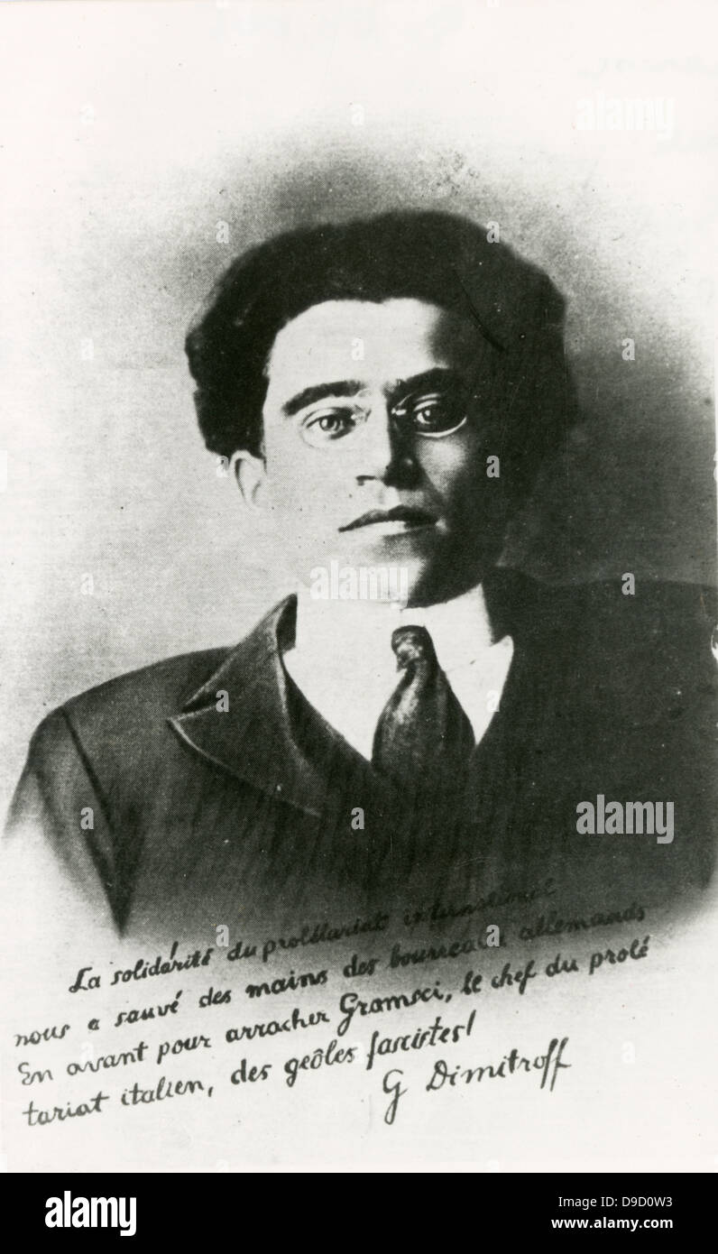 Antonio Gramsci (1891-1937), italienischer Schriftsteller, politischer Philosoph, marxistischen Denker und Sprachwissenschaftler. Postkarte 1934 mit Legende von Georgi Dimitroff, wenn Gramsci wurde von Mussolinis faschistisches Regime inhaftiert. Stockfoto