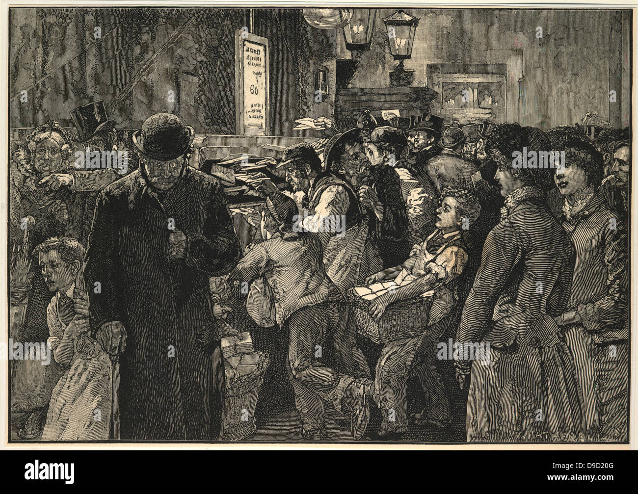 Fangen den letzten Beitrag des Tages bei einem zentralen London Postamt. Gravur, London, 1884. Stockfoto