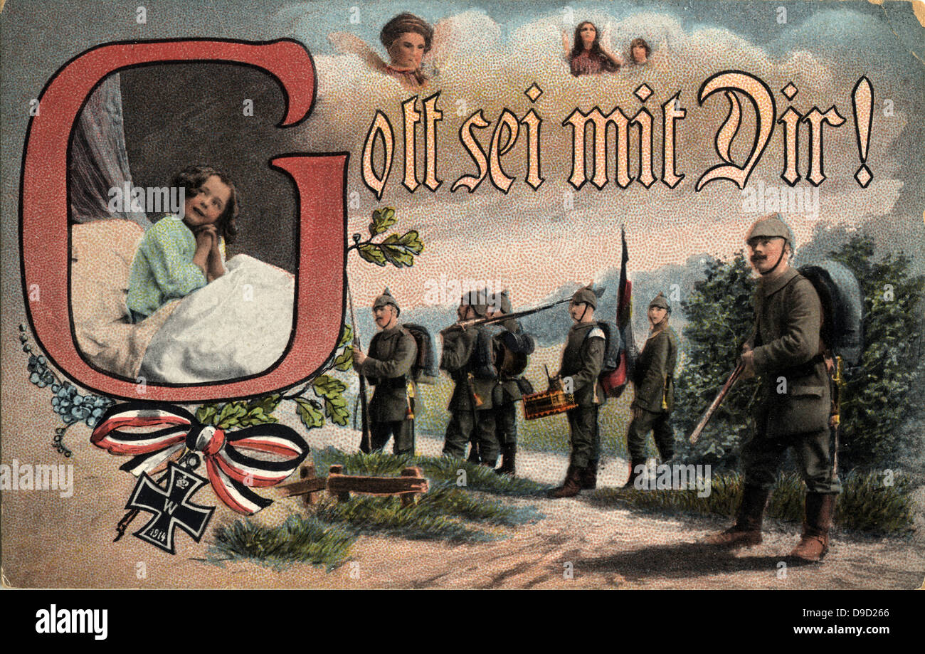 Deutsche Kriegszeiten Postkarte 1914 sprach Gott mit ihnen Sein datiert. Ein Kind sagt Gebete für ihren Vater. Unter ihr ist ein Eisernes Kreuz. Weltkrieg I. Stockfoto