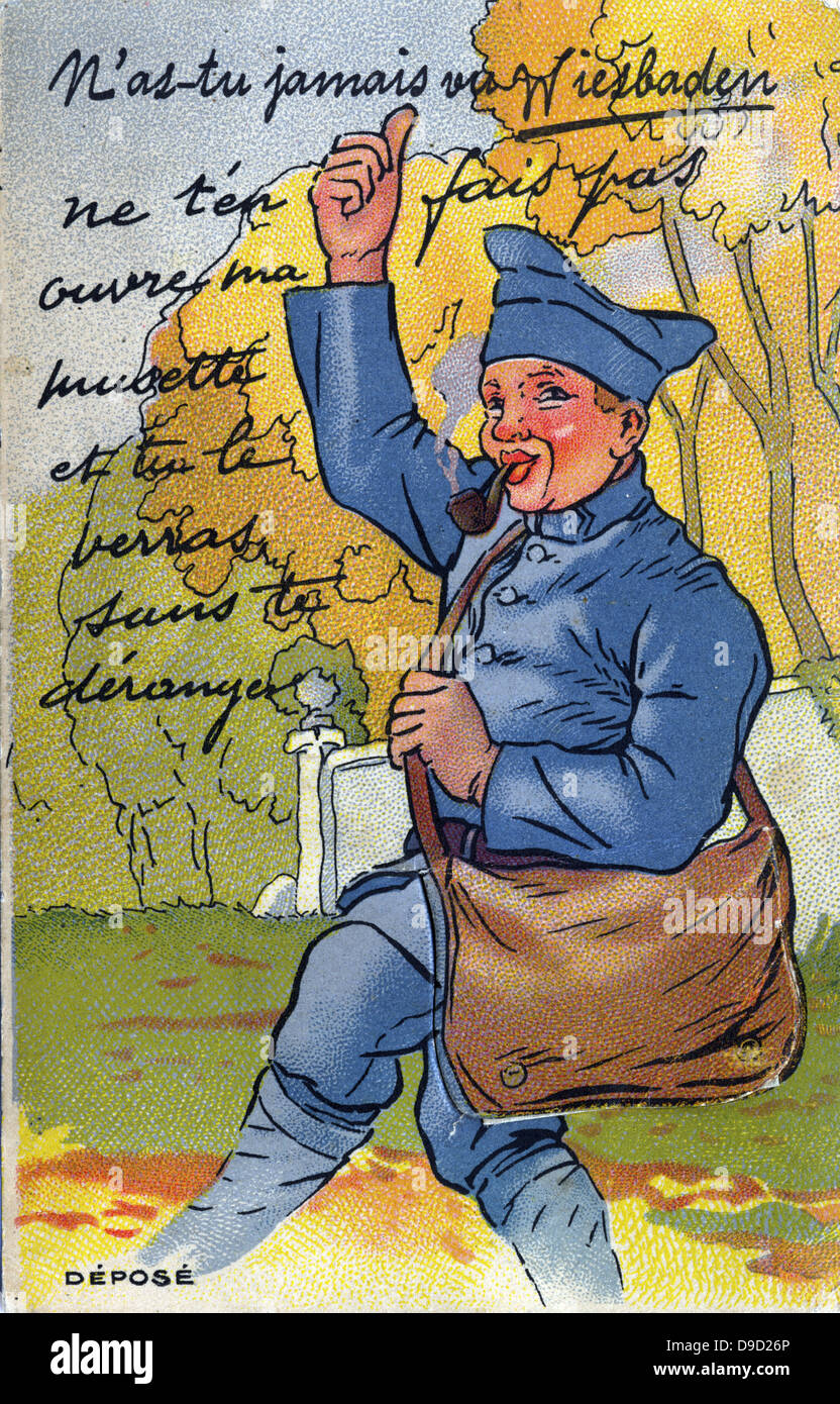 Französischer Soldat senden Grüße aus der deutschen Stadt Wiesbaden, 1916. In seiner Tasche ist ein Streifen von Bildern der Stadt. Nach dem Ende des Ersten Weltkriegs Frankreich belegt das Rheinland. Stockfoto