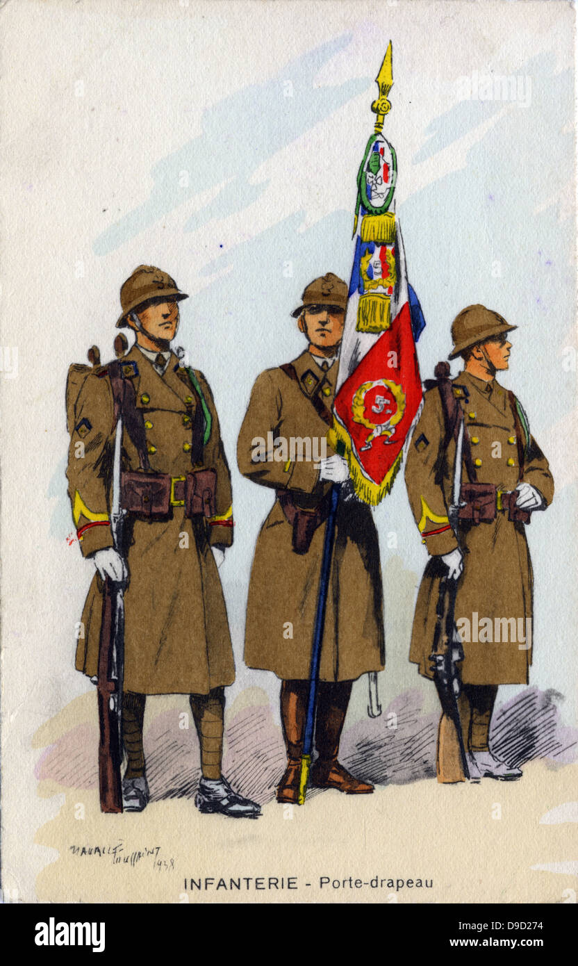 Französische Infanterie Männer mit ihren Standard. Postkarte, 1938