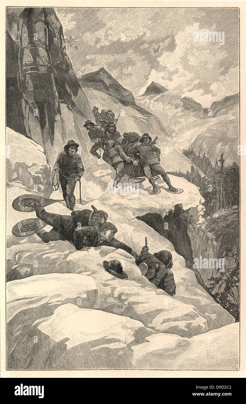 Eine enge im Schnee rasieren, ein Mann fast verloren über eine Klippe während der Expedition der Exploration durch Alaska gesponsert von Frank Leslies Illustrierte Zeitung, 1890-1891. Stockfoto