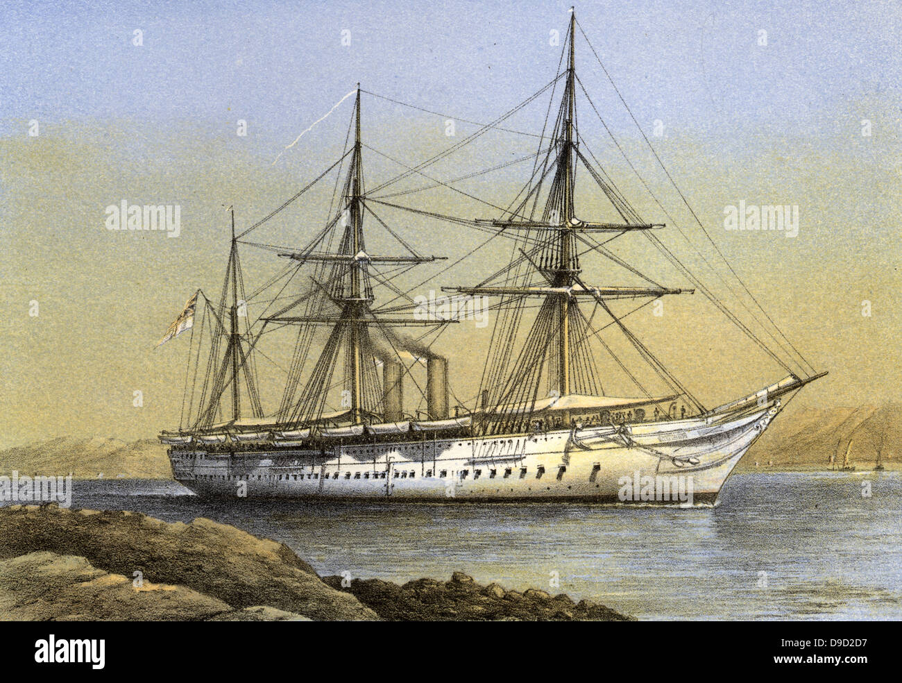 HMS Orontes Truppentransporter der Royal Navy, die von Cammell Laird in Birkenhead gebaut, in Betrieb genommen 1863 und 1893 verkauft. Zurück nach England, um den Körper von Louis Napoleon, der kaiserliche Prinz in die Zulu Krieg getötet. Stockfoto