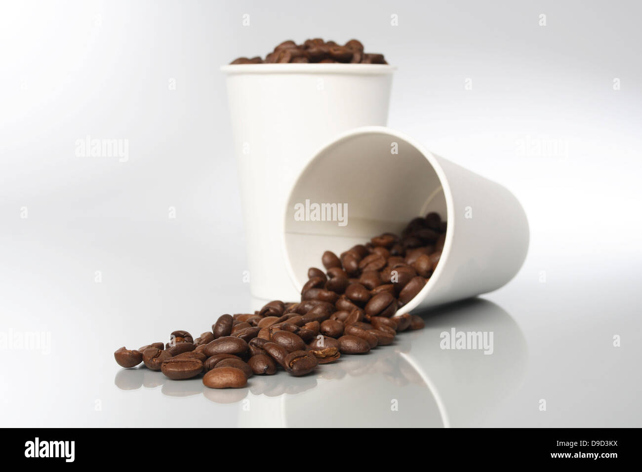 Pappbecher mit Kaffeebohnen Stockfoto