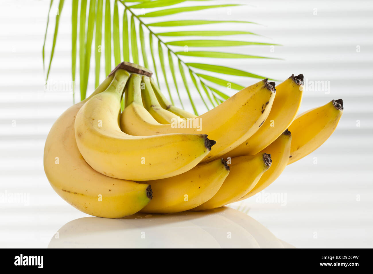 Bündel Bananen mit Palmzweig, Nahaufnahme Stockfoto