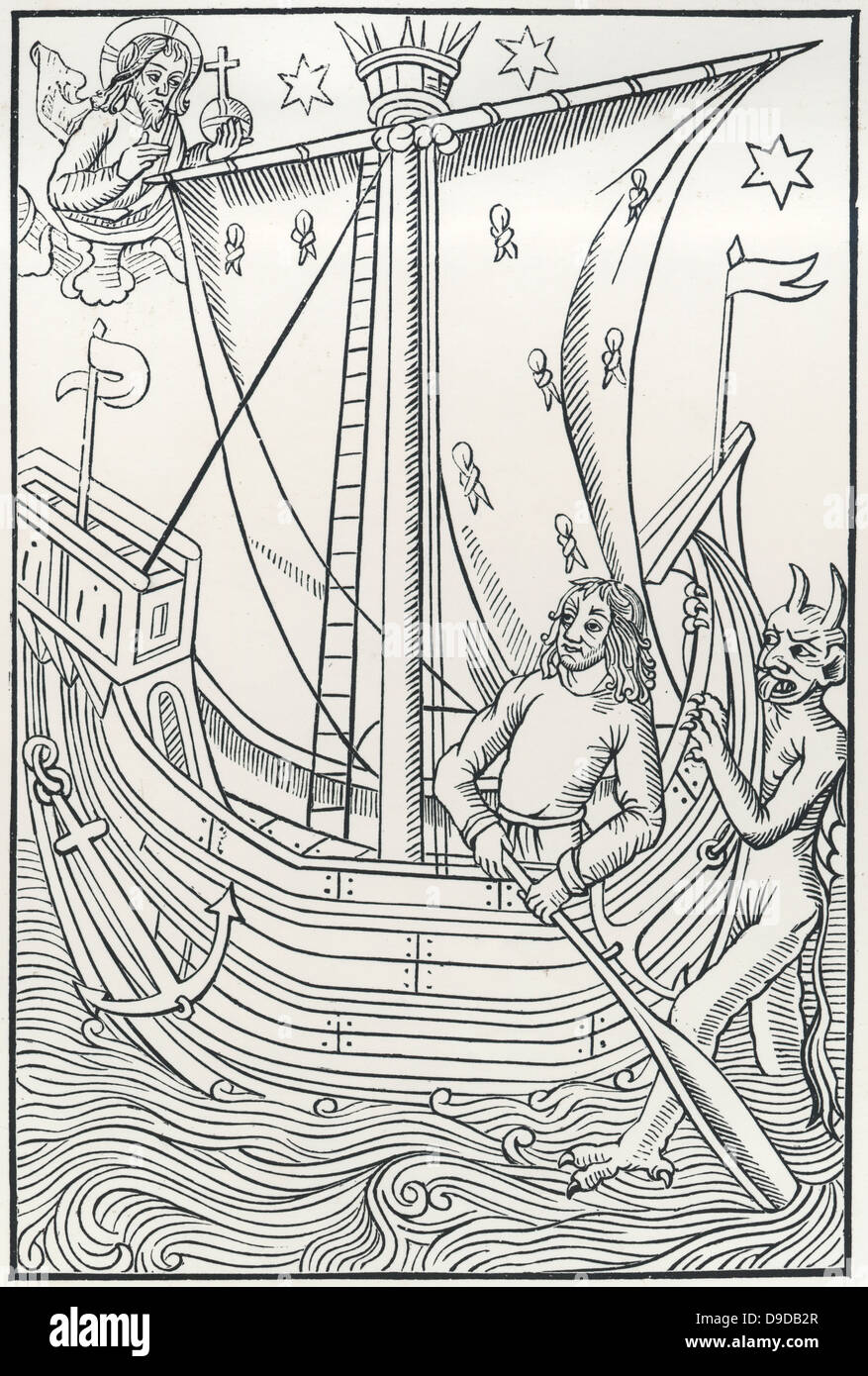 Der Teufel versucht der Steuermann eines Schiffes. Holzschnitt aus einem frühen gedruckte Ausgabe des Buches der Narren, eine Allegorie in der westlichen Literatur mit Ursprung vor dem Druck. Stockfoto