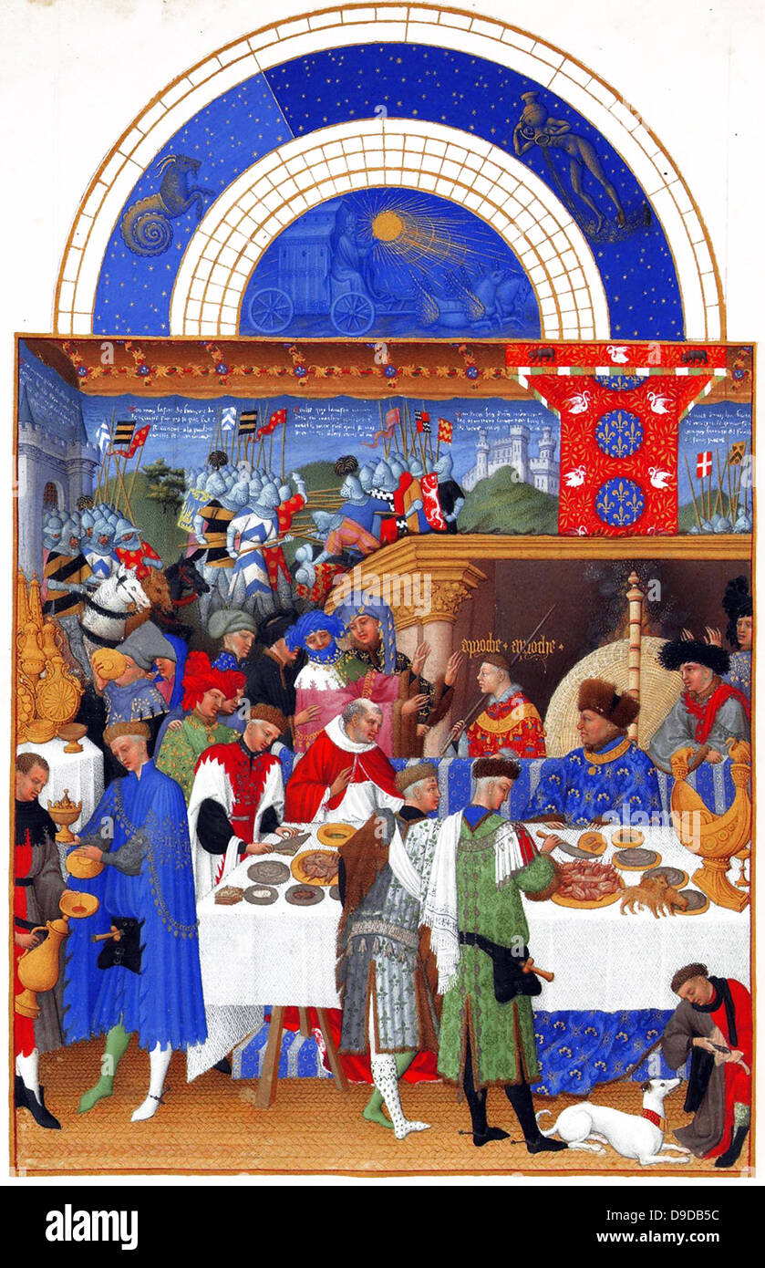 Die Très Riches Heures du Duc de Berry ist eine französische gotische Bilderhandschrift. Die Très Riches Heures ist ein Gebetbuch für John, Herzog von Berry, der Brüder Van Limburg zwischen 1412 und 1416. Das Buch wurde von Jean Colombe zwischen 1485 und 1489 abgeschlossen. Das Manuskript befindet sich im Musée Condé, Chantilly, Frankreich. Statt das Folio (Januar) zeigt den Herzog von Berry, sitzen am Hof. Die Tapisserie von der Rückseite des Zimmer scheint Episoden aus dem Trojanischen Krieg zu vertreten Stockfoto Die Très Riches Heures du Duc de Berry ist eine französische gotische Bilderhandschrift. Die Très Riches Heures ist ein Gebetbuch für John, Herzog von Berry, der Brüder Van Limburg zwischen 1412 und 1416. Das Buch wurde von Jean Colombe zwischen 1485 und 1489 abgeschlossen. Das Manuskript befindet sich im Musée Condé, Chantilly, Frankreich. Statt das Folio (Januar) zeigt den Herzog von Berry, sitzen am Hof. Die Tapisserie von der Rückseite des Zimmer scheint Episoden aus dem Trojanischen Krieg zu vertreten Stockfoto
