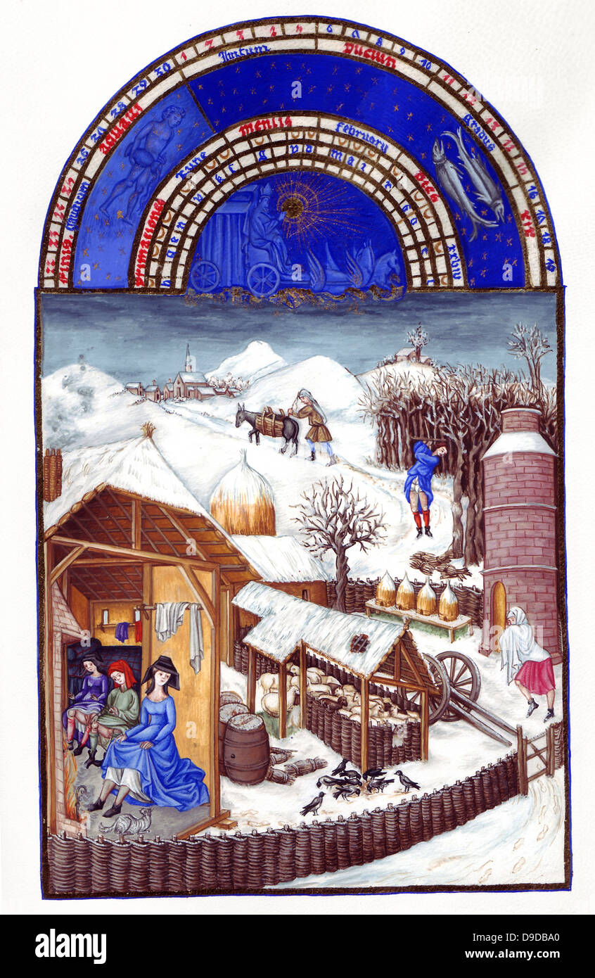 Die Très Riches Heures du Duc de Berry ist eine französische gotische Bilderhandschrift. Die Très Riches Heures ist ein Gebetbuch für John, Herzog von Berry, der Brüder Van Limburg zwischen 1412 und 1416. Das Buch wurde von Jean Colombe zwischen 1485 und 1489 abgeschlossen. Das Manuskript befindet sich im Musée Condé, Chantilly, Frankreich. Statt das Folio (Februar) zeigt einen eingezäunten Hof mit einem Haus, einer Scheune Bienenstöcke und ein Taubenschlag. Im Inneren des Hauses, eine Frau und zwei junge Männer warm selbst vor einem Feuer. Außerhalb, ein Mann mit Bündeln von Stangen zu seinen Füßen schneidet einen Baum mit der Axt. Stockfoto Die Très Riches Heures du Duc de Berry ist eine französische gotische Bilderhandschrift. Die Très Riches Heures ist ein Gebetbuch für John, Herzog von Berry, der Brüder Van Limburg zwischen 1412 und 1416. Das Buch wurde von Jean Colombe zwischen 1485 und 1489 abgeschlossen. Das Manuskript befindet sich im Musée Condé, Chantilly, Frankreich. Statt das Folio (Februar) zeigt einen eingezäunten Hof mit einem Haus, einer Scheune Bienenstöcke und ein Taubenschlag. Im Inneren des Hauses, eine Frau und zwei junge Männer warm selbst vor einem Feuer. Außerhalb, ein Mann mit Bündeln von Stangen zu seinen Füßen schneidet einen Baum mit der Axt. Stockfoto