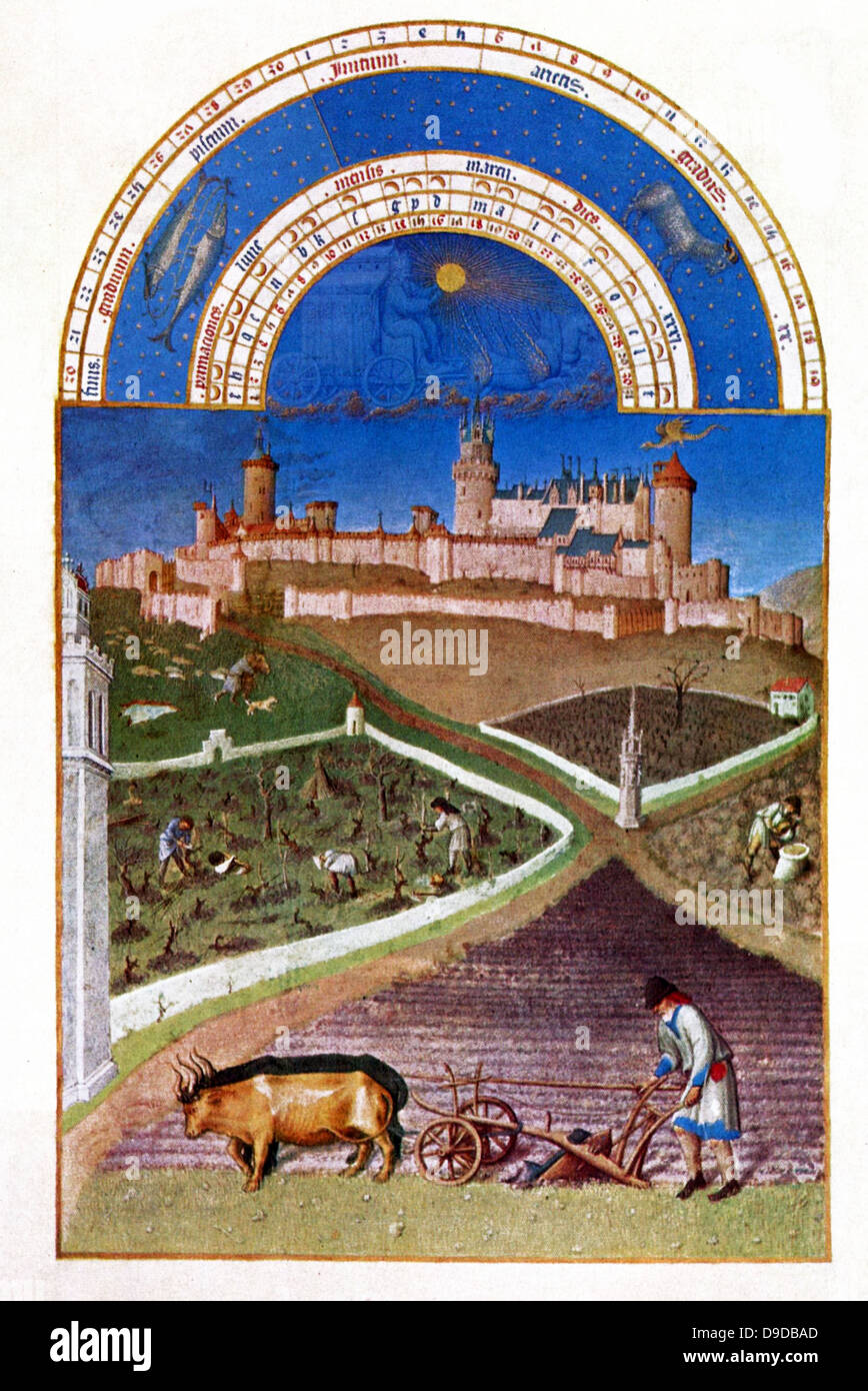 Die Très Riches Heures du Duc de Berry ist eine französische gotische Bilderhandschrift. Die Très Riches Heures ist ein Gebetbuch für John, Herzog von Berry, der Brüder Van Limburg zwischen 1412 und 1416. Das Buch wurde von Jean Colombe zwischen 1485 und 1489 abgeschlossen. Das Manuskript befindet sich im Musée Condé, Chantilly, Frankreich. Statt das Folio (März) zeigt einen Bauern Pflügen eines Feldes mit einer Trotten von zwei Ochsen gezogen. Winzer Reben beschneiden und bis den Boden mit der Hacke. Im Hintergrund ist das Schloss von Lusignan (Poitou), im Besitz des Herzogs von Berry. Stockfoto Die Très Riches Heures du Duc de Berry ist eine französische gotische Bilderhandschrift. Die Très Riches Heures ist ein Gebetbuch für John, Herzog von Berry, der Brüder Van Limburg zwischen 1412 und 1416. Das Buch wurde von Jean Colombe zwischen 1485 und 1489 abgeschlossen. Das Manuskript befindet sich im Musée Condé, Chantilly, Frankreich. Statt das Folio (März) zeigt einen Bauern Pflügen eines Feldes mit einer Trotten von zwei Ochsen gezogen. Winzer Reben beschneiden und bis den Boden mit der Hacke. Im Hintergrund ist das Schloss von Lusignan (Poitou), im Besitz des Herzogs von Berry. Stockfoto