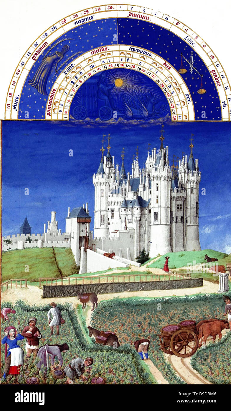 Die Très Riches Heures du Duc de Berry ist eine französische gotische Bilderhandschrift. Die Très Riches Heures ist ein Gebetbuch für John, Herzog von Berry, der Brüder Van Limburg zwischen 1412 und 1416. Das Buch wurde von Jean Colombe zwischen 1485 und 1489 abgeschlossen. Das Manuskript befindet sich im Musée Condé, Chantilly, Frankreich. Statt das Folio (September) Leute zeigt, die Trauben während ein Mann und eine Frau, anscheinend schwanger, Rest sammeln. In der Ferne ist das Schloss von Saumur im Anjou. Stockfoto Die Très Riches Heures du Duc de Berry ist eine französische gotische Bilderhandschrift. Die Très Riches Heures ist ein Gebetbuch für John, Herzog von Berry, der Brüder Van Limburg zwischen 1412 und 1416. Das Buch wurde von Jean Colombe zwischen 1485 und 1489 abgeschlossen. Das Manuskript befindet sich im Musée Condé, Chantilly, Frankreich. Statt das Folio (September) Leute zeigt, die Trauben während ein Mann und eine Frau, anscheinend schwanger, Rest sammeln. In der Ferne ist das Schloss von Saumur im Anjou. Stockfoto
