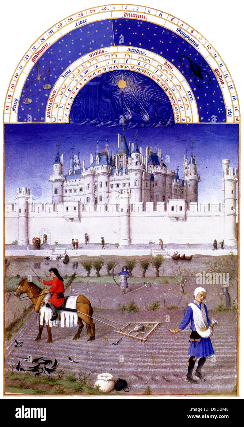 Die Très Riches Heures du Duc de Berry ist eine französische gotische Bilderhandschrift. Die Très Riches Heures ist ein Gebetbuch für John, Herzog von Berry, der Brüder Van Limburg zwischen 1412 und 1416. Das Buch wurde von Jean Colombe zwischen 1485 und 1489 abgeschlossen. Das Manuskript befindet sich im Musée Condé, Chantilly, Frankreich. Statt das Folio (Oktober) zeigt einen Bauern säen. Auf der linken Seite, ein Bauer auf dem Pferderücken schleppt ein die Egge Stockfoto Die Très Riches Heures du Duc de Berry ist eine französische gotische Bilderhandschrift. Die Très Riches Heures ist ein Gebetbuch für John, Herzog von Berry, der Brüder Van Limburg zwischen 1412 und 1416. Das Buch wurde von Jean Colombe zwischen 1485 und 1489 abgeschlossen. Das Manuskript befindet sich im Musée Condé, Chantilly, Frankreich. Statt das Folio (Oktober) zeigt einen Bauern säen. Auf der linken Seite, ein Bauer auf dem Pferderücken schleppt ein die Egge Stockfoto