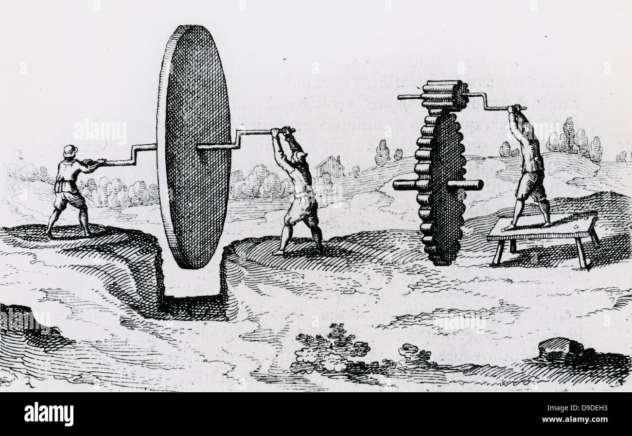 Erklärung, dass Umlaufgetriebe Bewegung, richtige, weniger Aufwand und so braucht passt massive Bewegung des Universums. 1617-Gravur. Stockfoto