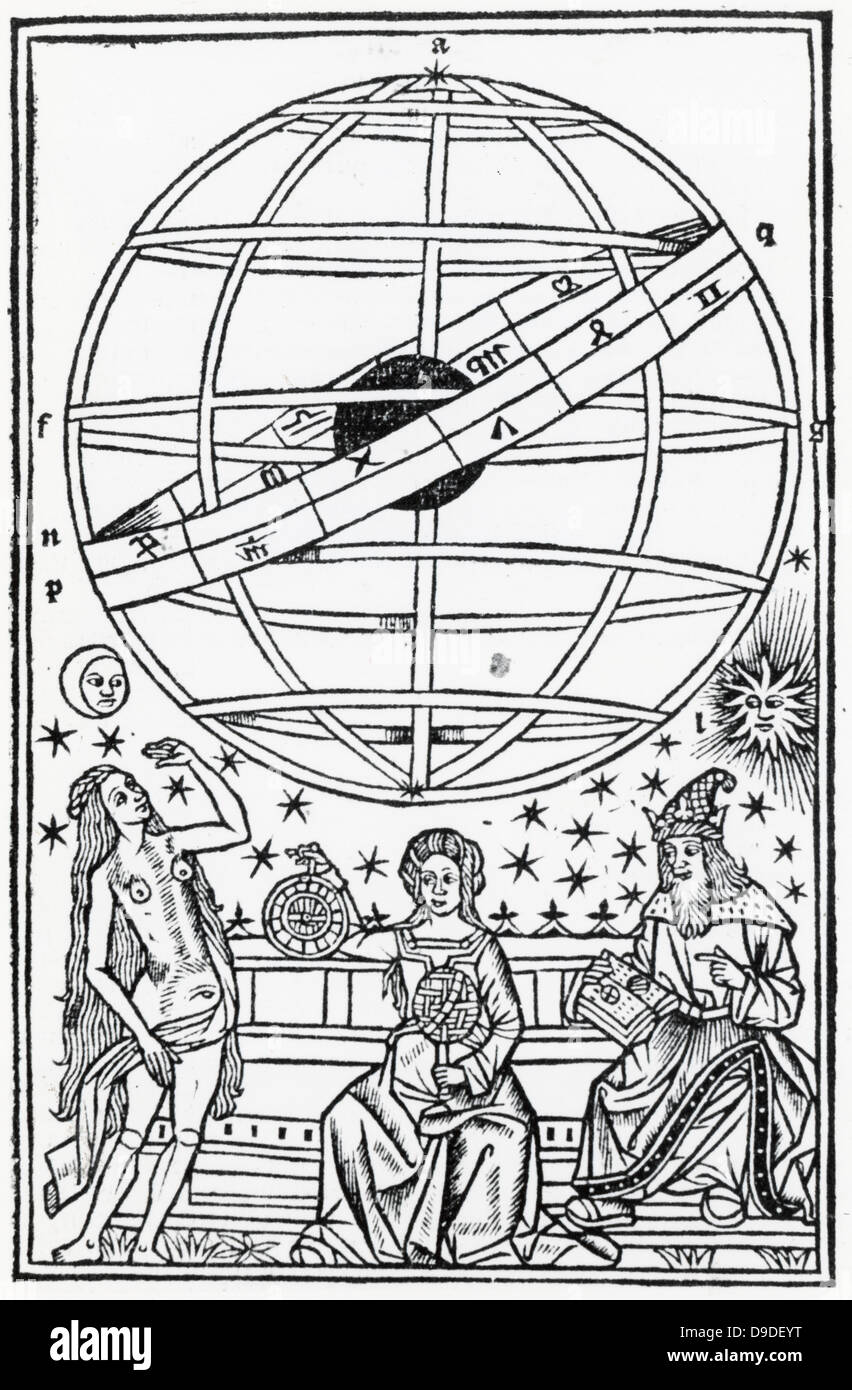 Ptolemäus, rechts, und Astronomie, unter einem geozentrischen Armillarsphäre. Holzschnitt 1515. Stockfoto