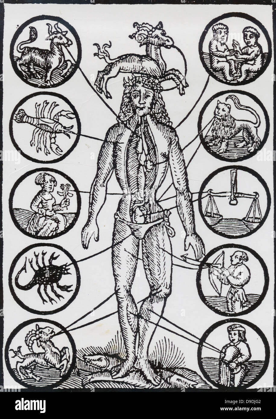 Ein aderlaß Mann oder wenig Blutegel, die Punkte von Blut - mit den Zeichen des Tierkreises angeschlossen lassen. Holzschnitt aus dem 17. Jahrhundert almanack. Stockfoto