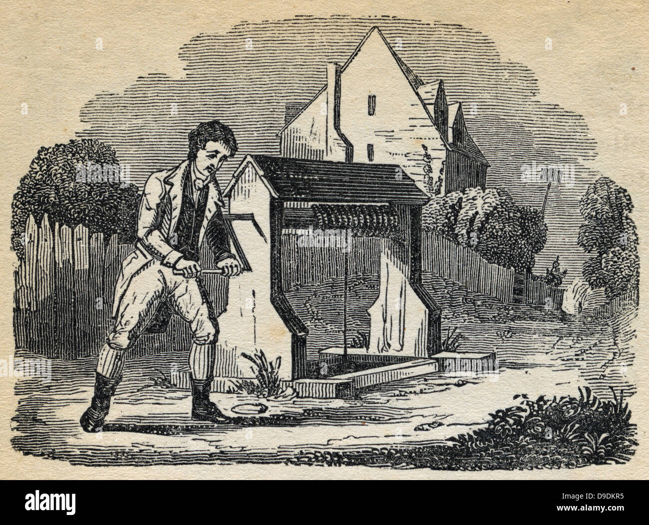 Mann Runde Erhöhung der Eimer mit Wasser aus einem Brunnen von Turing Kurbel und Wicklung Seil Winde. 1836-Gravur. Stockfoto