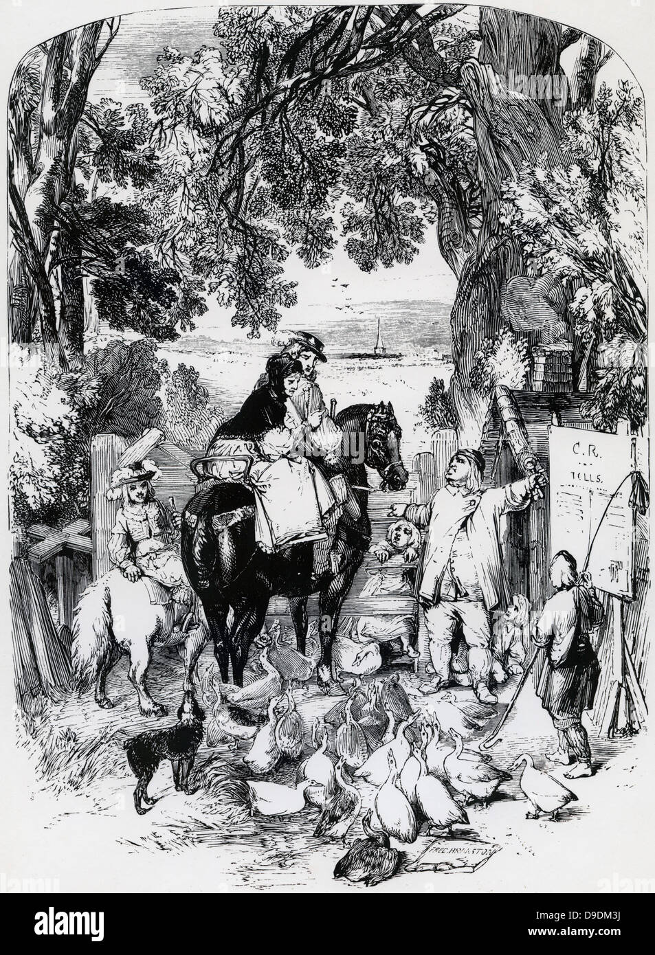Rekonstruktion des typischen Szene an einer Mautstelle auf einer Turnpike Straße in der Mitte des 17. Jahrhunderts. Stockfoto