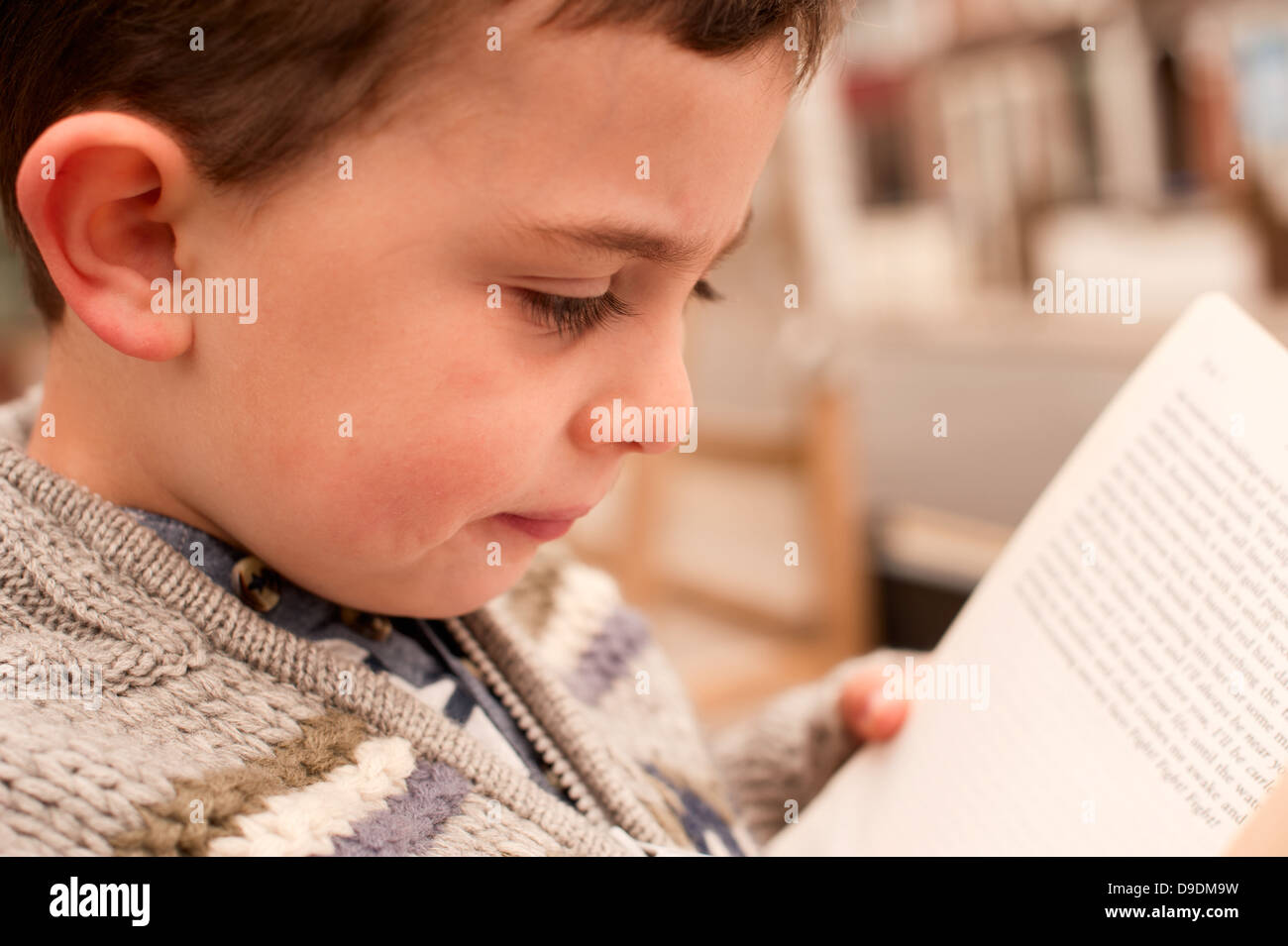 Kleiner Junge liest einen Roman, der in seiner Altersklasse fortgeschritten ist. Dies ist ein Roman, der keine Bilder und nur Text enthält. Stockfoto