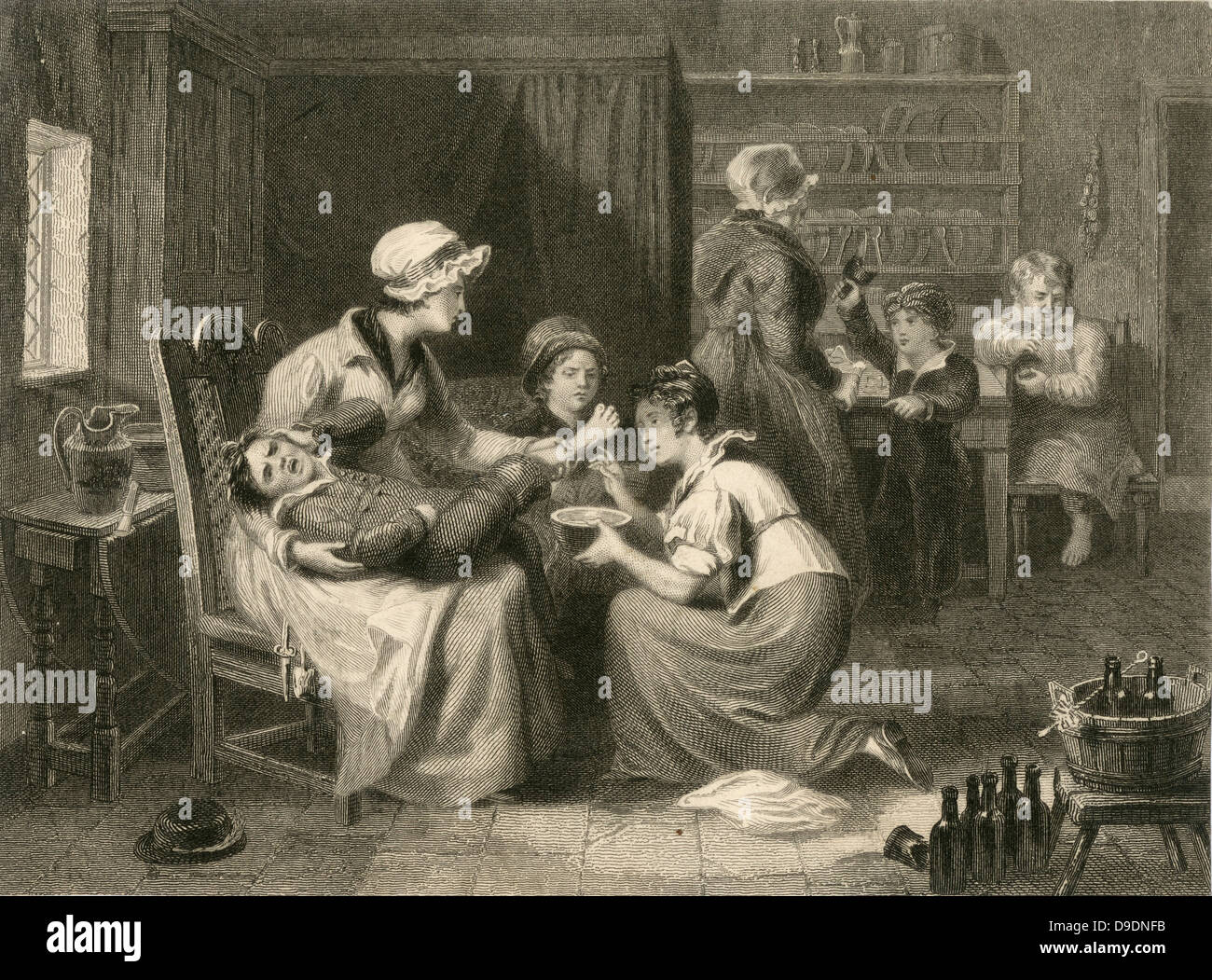 Ferienhaus-Interieur mit Vordergrund, ein Junge für einen verletzten Knöchel behandelt. 19. Jahrhundert-Gravur. Stockfoto