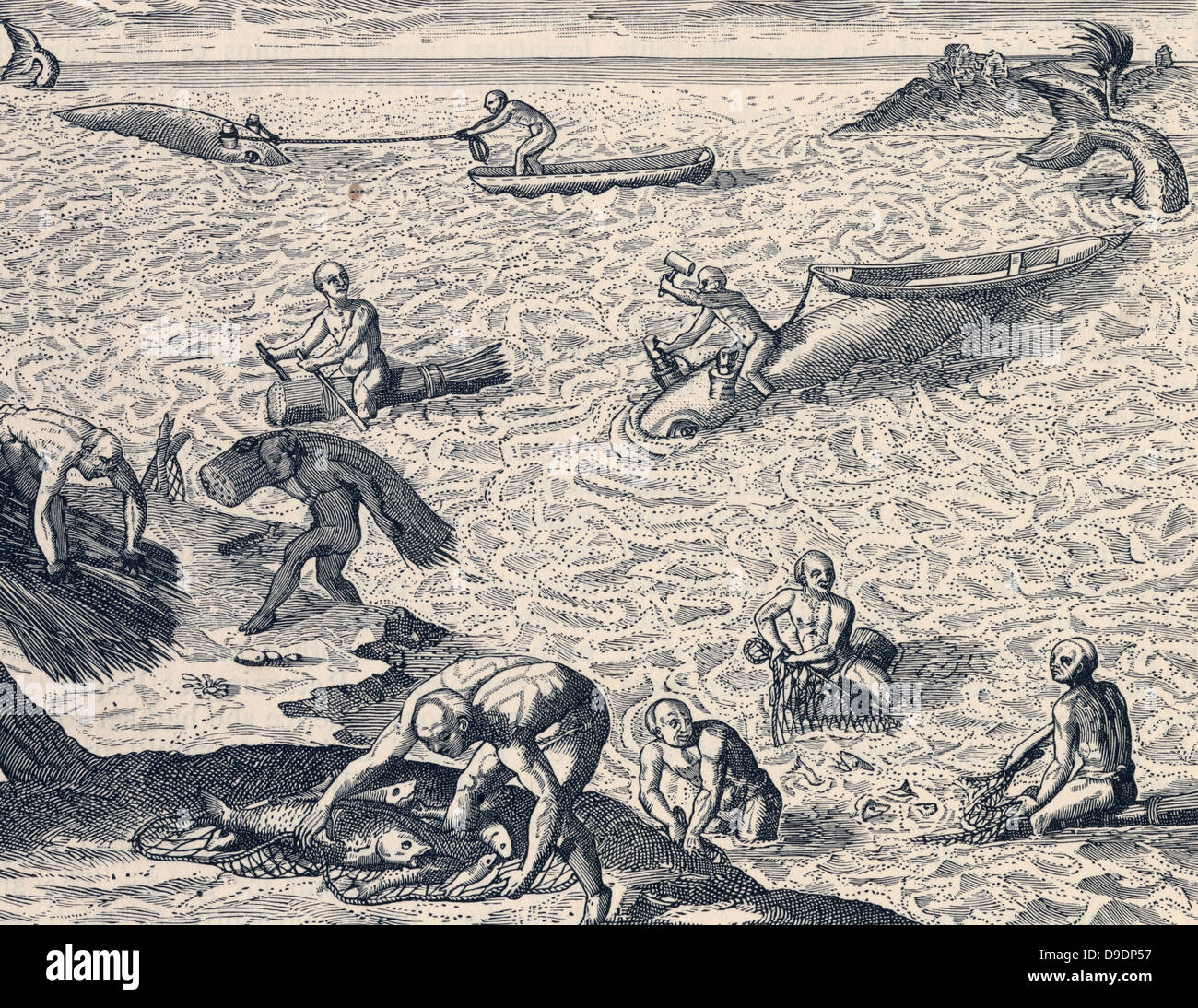 Karibischen Inder Walfang.  Nach dem frühen 17. Jahrhundert Kupferstich. Stockfoto