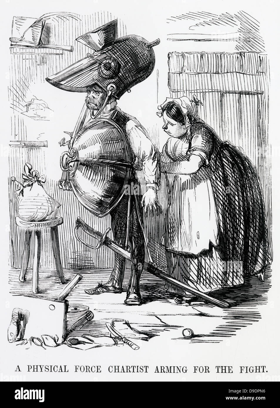 Eine Chartist Aktivist bewaffneten Konflikt.  Cartoon aus "Punch", London, 1848. Stockfoto