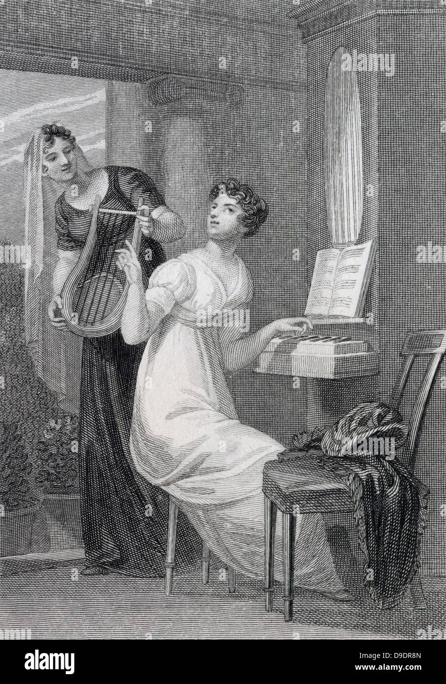 Junge Frauen, Musik zu machen. Engreaving 1813. Stockfoto